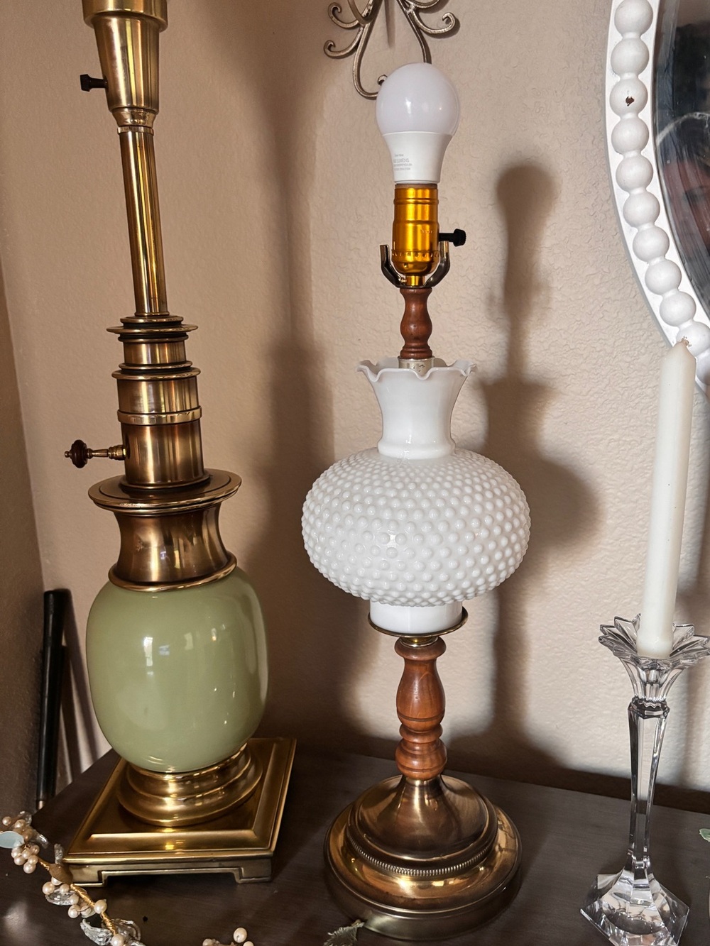 White Hobnail Glass Lantern Table Lamp with Brass Accents